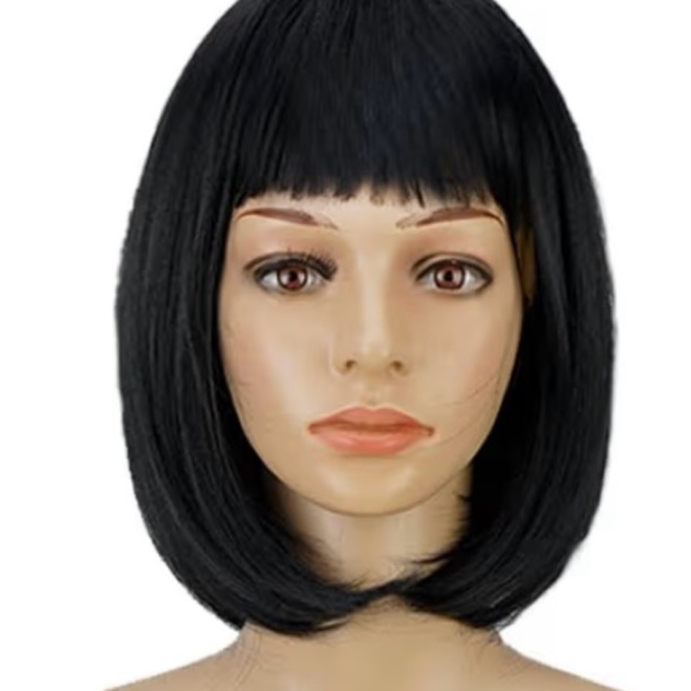 Sleek Black Bob Wig Straight Black 12 Inch Cute Natural Synthetic Hair - Picture 2 of 5
